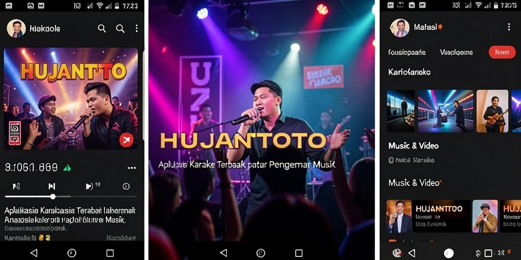 Tampilan antarmuka aplikasi HUJANTOTO dengan fitur Karaoke yang menarik.
