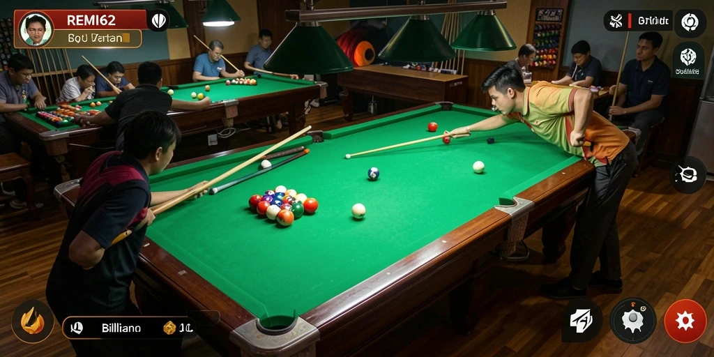 Tampilan antarmuka REMI62 yang menarik dan intuitif untuk pemain billiard.
